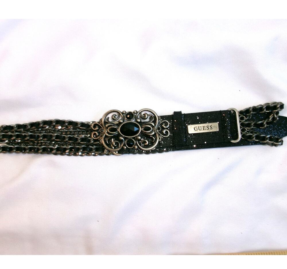 Guess Black Chain Stretch Belt Ornate Rhinestone Buckle Women's M/L